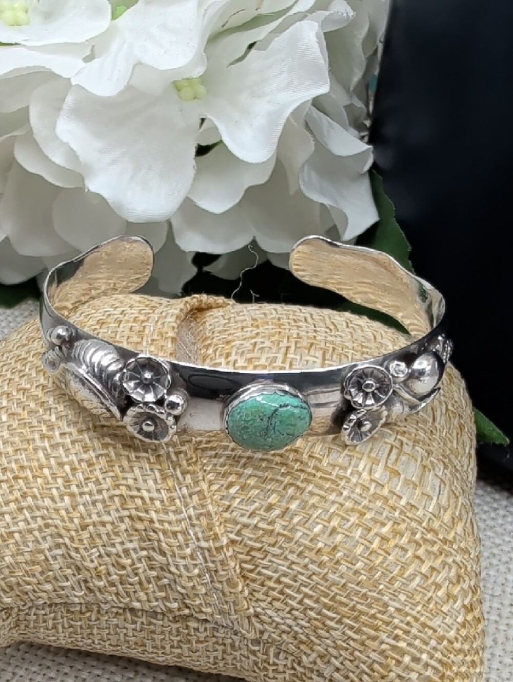 Vintage Artisan 925 Sterling Silver Turquoise Floral Cuff Bracelet Southwest - Picture 8 of 17